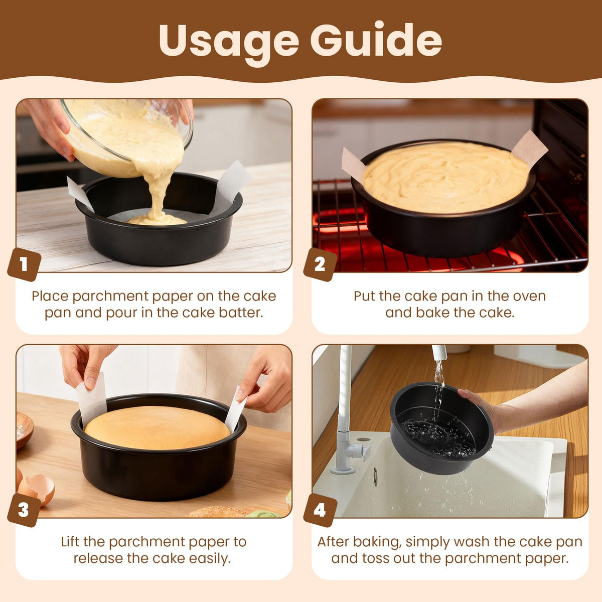 tutikuki 9 Inch Cake Pan Set of 2 - Nonstick Carbon Steel Round Cake Baking Pans with Parchment Paper, Dishwasher Safe, Durable for Large Layer Cakes, Birthday & Christmas Baking