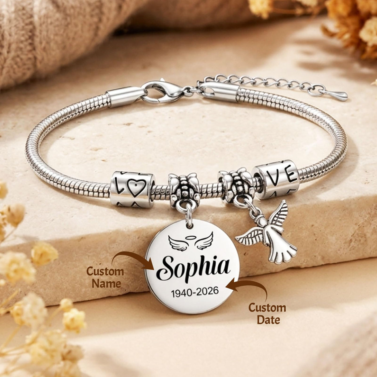 HAPPARY Silver Bracelets for Women Men,Custom Memory Bracelets for Loss Loved One with Name Dates,Personalized Adjustable Bracelet,Sympathy Bracelet for Loss of Husband,Memorial Angel Charms Keepsake