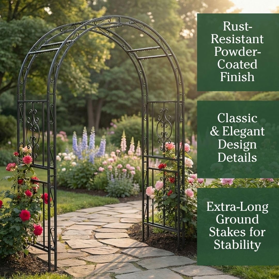 Plow & Hearth Arch Metal Outdoor Garden Arbor | Montebello | 7 Feet Tall | Steel Iron Trellis Lattice for Climbing Plants & Heavy Vines | Wedding Outdoor Patio Décor