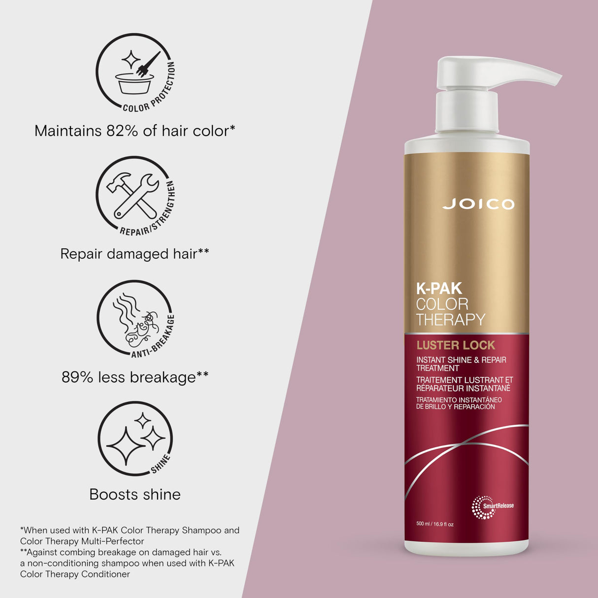 Joico K-PAK Color Therapy Luster Lock Instant Shine & Repair Treatment | For Color-Treated Hair | Boost Color Vibrancy | Repair Breakage | With Keratin & Argan Oil | 16.9 Fl Oz