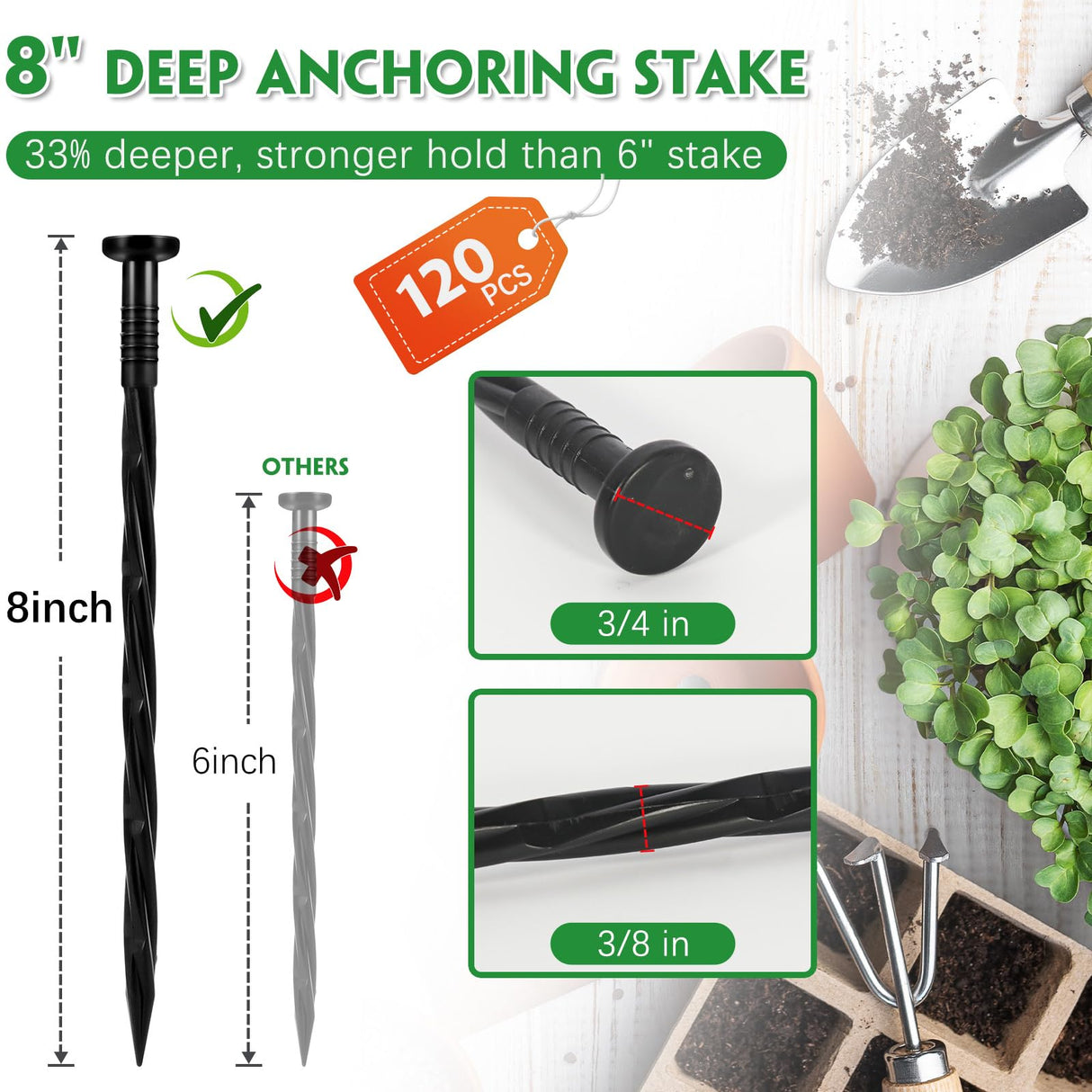 Garaook 120PCS 8-Inch Plastic Landscape Edging Stakes, Spiral Nylon Landscape Spikes, Anchoring Nails for Weed Barrier, Paver Edging, Landscape Edging, Artificial Turf, Grass Pathways, Black