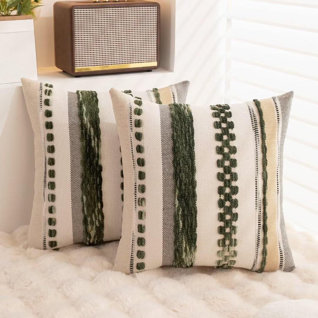 WANLIRD Boho Throw Pillow Covers 18x18 Set of 2 Christmas Decorative Cushion Case Striped Square Pillows Cover Chenille Pillow Cases Accent Neutral Pillowcase for Sofa Couch Bed,Dark Green