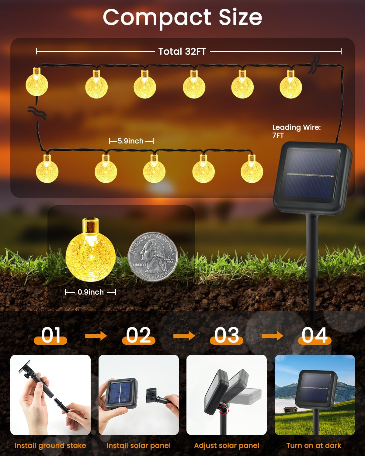 2-Pack 64FT 100 LED Crystal Globe Solar Christmas String Lights Outdoor, Waterproof Solar Lights for Outside, 8 Lighting Modes Christmas Decorations for Garden Yard Porch Wedding Patio(Warm White)