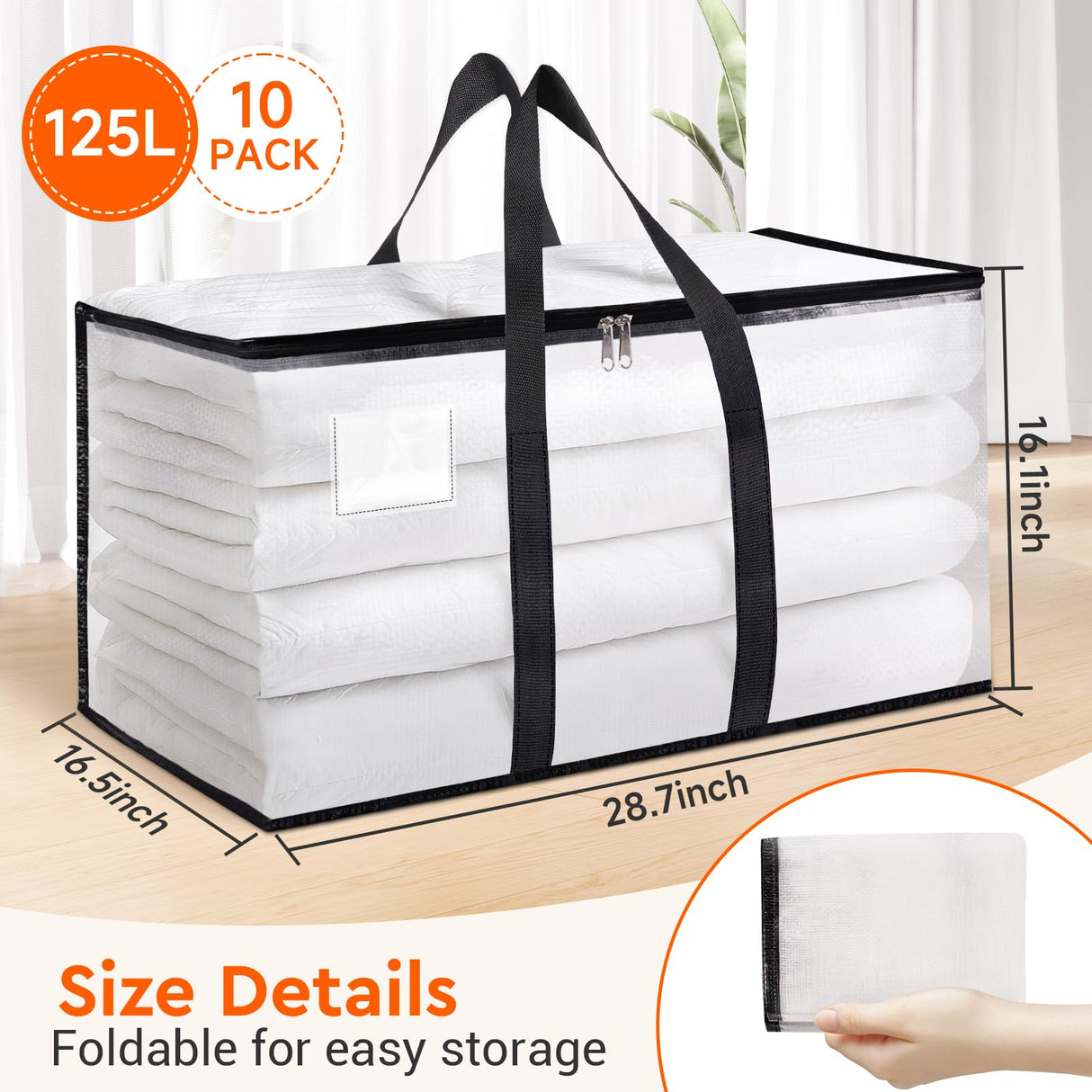 BlissTotes Moving Bags, 10-Pack Storage Bags, Moving Bags Heavy Duty Extra Large, Moving Totes, Clear Moving Bags, Reinforced Handles & Tag Pocket, Christmas Totes (125L)