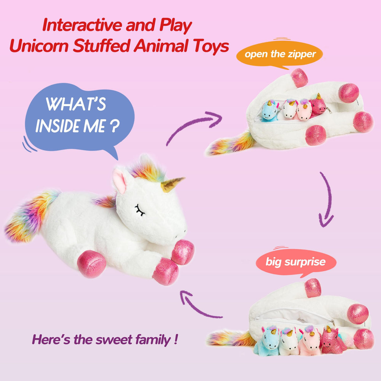 Vposyako 5 Pieces Unicorn Toys Stuffed Animals for Girls, 1 Mommy Unicorn with 4 Babies, Soft Plush Toys Gifts for Girls 3 4 5 6 7 8 9 Years, Kids, Children, Christmas, Birthday, Valentine's