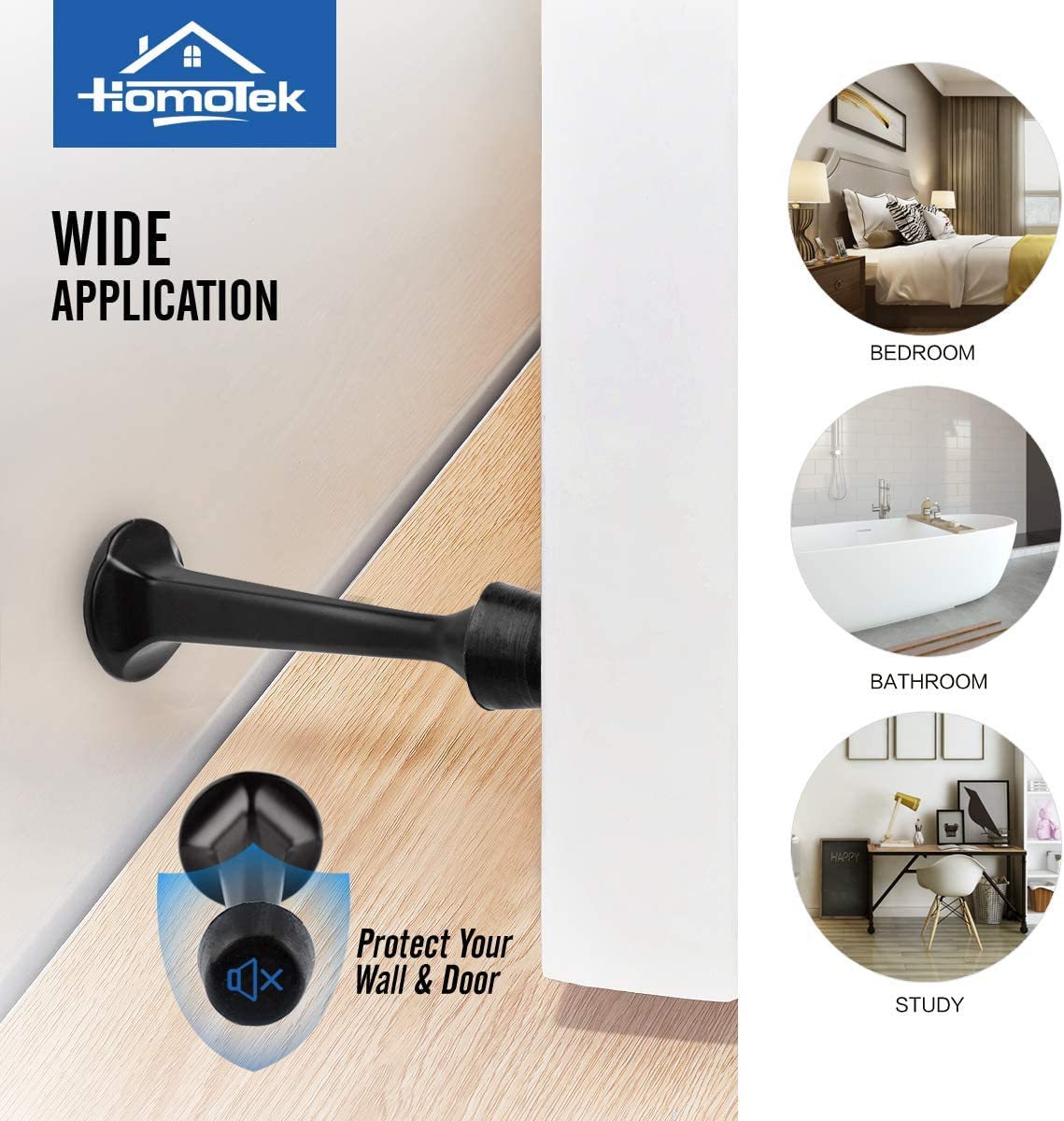 HOMOTEK 24 Pack Heavy Duty Solid Rigid Door Stop with Soft Rubber Tip, Zinc Die Cast Door Stopper Protect Wall & Door, Black