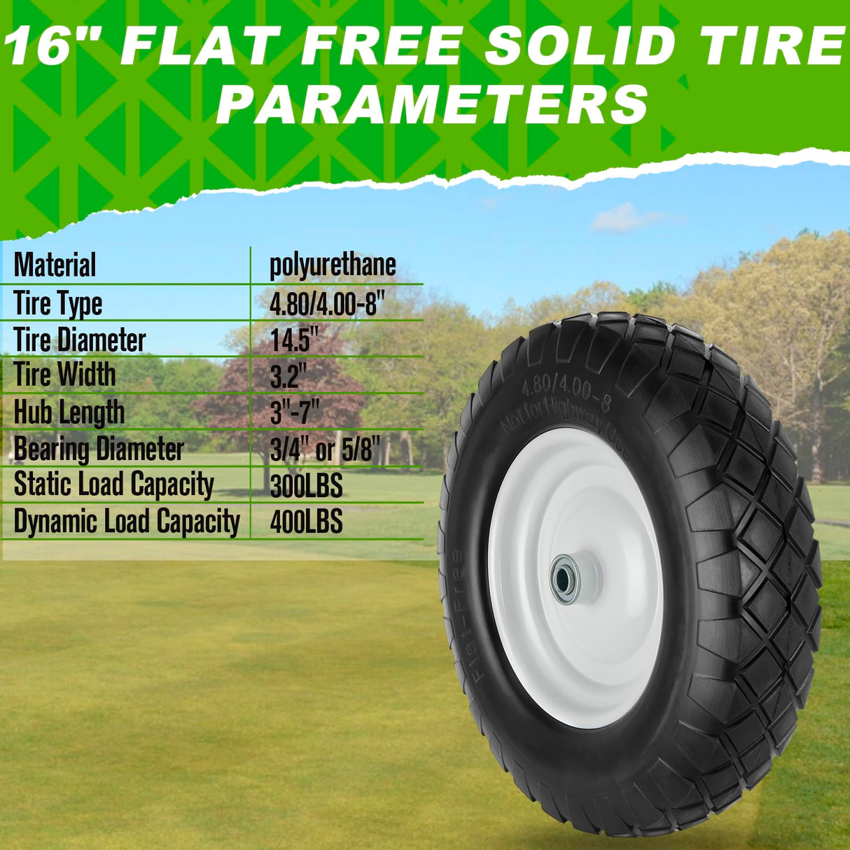 4.80/4.00-8 Tire and Wheel, 16" Flat Free Solid Wheelbarrow Tire with 5/8"&3/4" Bearings 3" Hub, 14"-16" Universal Fit Wheelbarrow Tires for Hand Truck/Garden Trailer/Trolley/Wagons