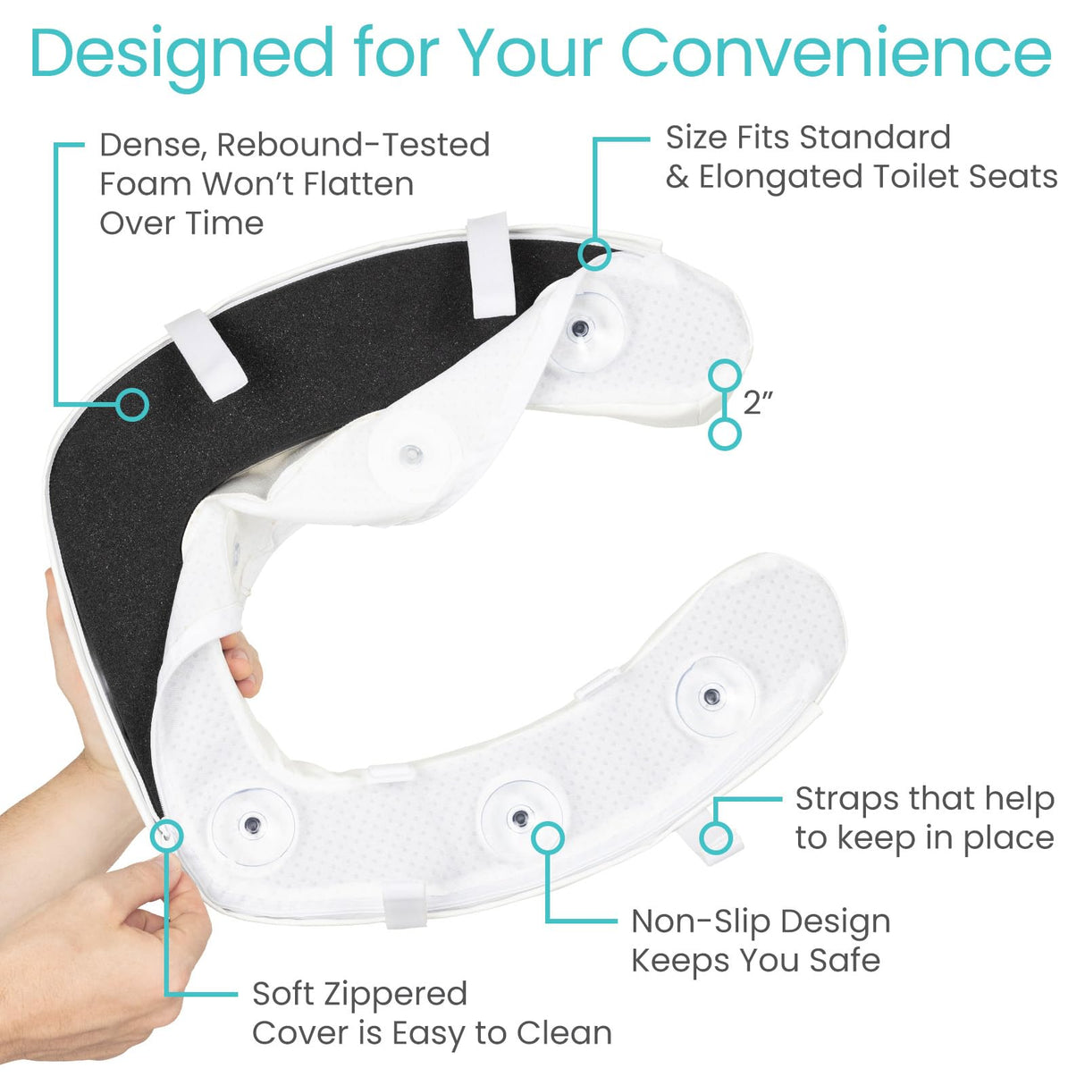 Vive Toilet Seat Riser for Seniors - Universal Fit - Raised Toilet Seat Cushion with High-Density Foam for Elongated & Standard - Firm Handle, Cushioned & Padded - Elevated Medical Handicap Lifter