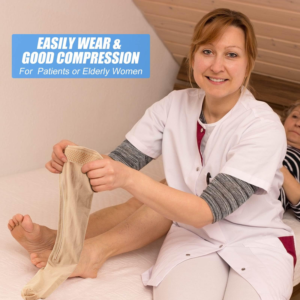 Sosation Thigh High Zipper Compression Socks 20-30 mmHg Zipper Compression Stockings Thigh High for Women Men Swelling Edema (Beige,X-Large)