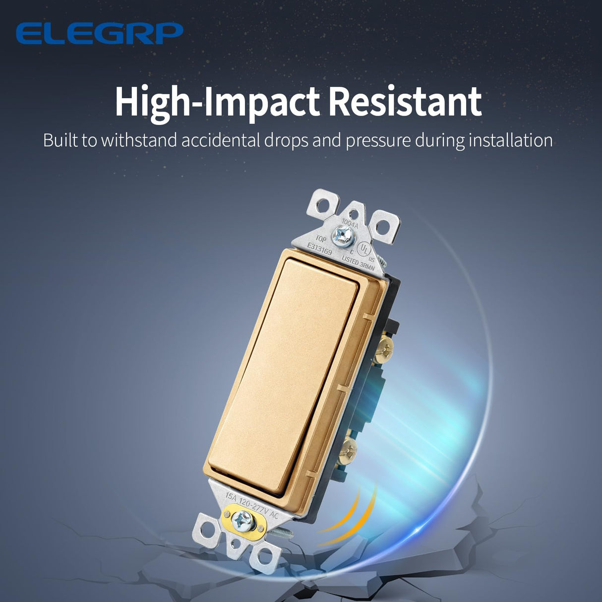 ELEGRP Matte Champagne Gold Single Pole Decorator Light Switch, 15A 120-277V, Paddle Rocker Switch, On/Off Wall Switch, Self-Grounding, Residential Grade, with Mid Wall Plate, UL/CUL, 2 Pack