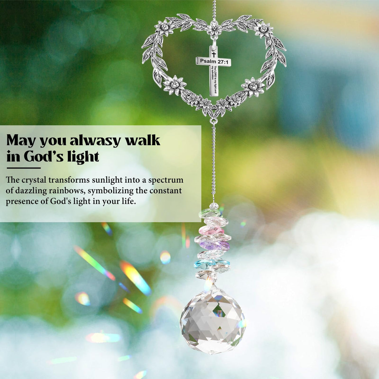 Elivida Christian Gifts for Women, Heart-Shaped Suncatcher with Cross - Religious Birthday Ornament with Scripture The Lord is My Light and My Salvation - Inspirational Catholic Spiritual Gifts