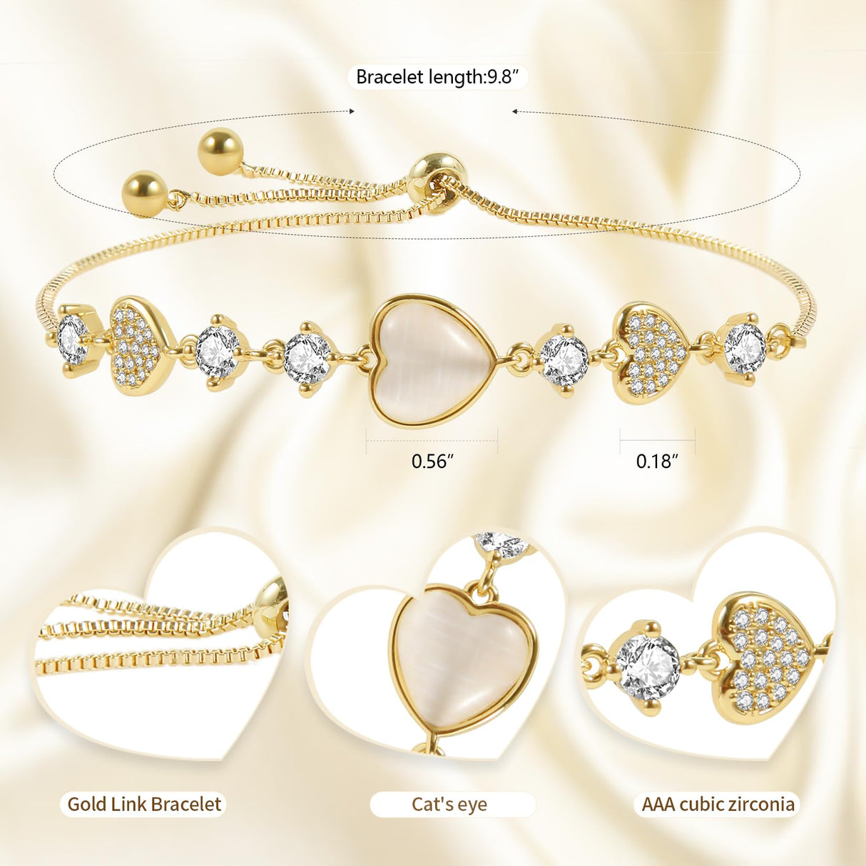 yongder Dainty Adjustable 14K Gold Plated Heart Link Chain Bracelet for Women