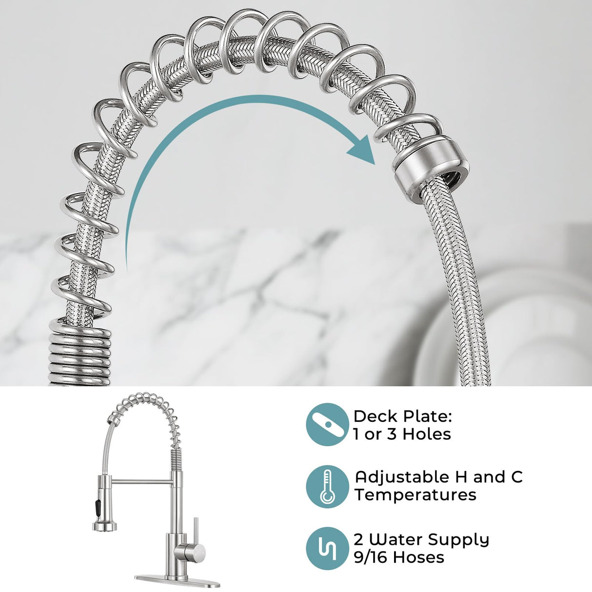 KHQF Kitchen Faucet with Pull Down Sprayer,Commercial Single Handle Stainless Steel Kitchen Faucets with Deck Plate (Brush Nickel)