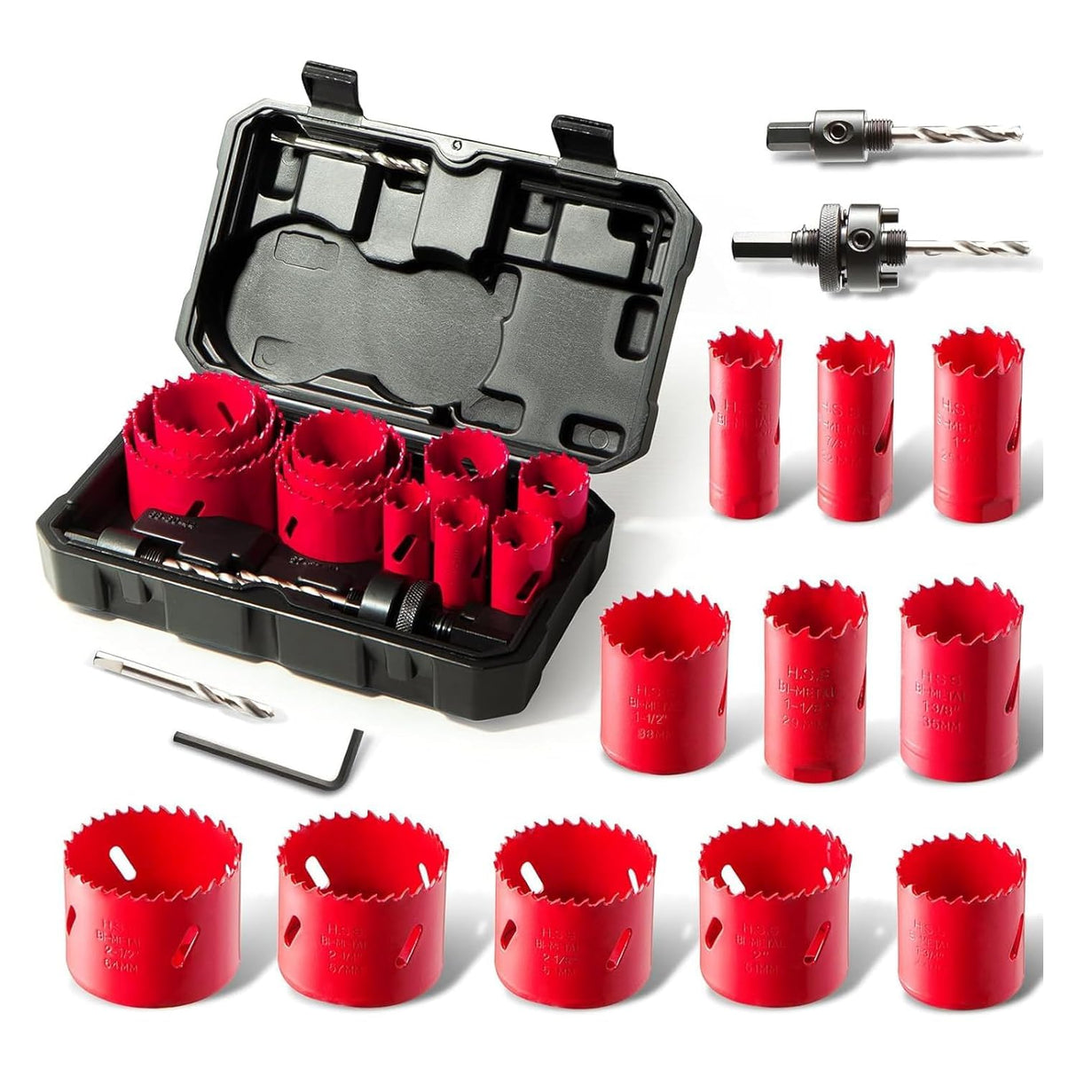 Bi-Metal Hole Saw Kit, HYCHIKA 17 Pcs High Speed Steel 3/4" to 2-1/2" Hole Saw Set in Case with Mandrels, Hole Saw Bit for Metal, Drilling PVC Board,and Plastic Plate