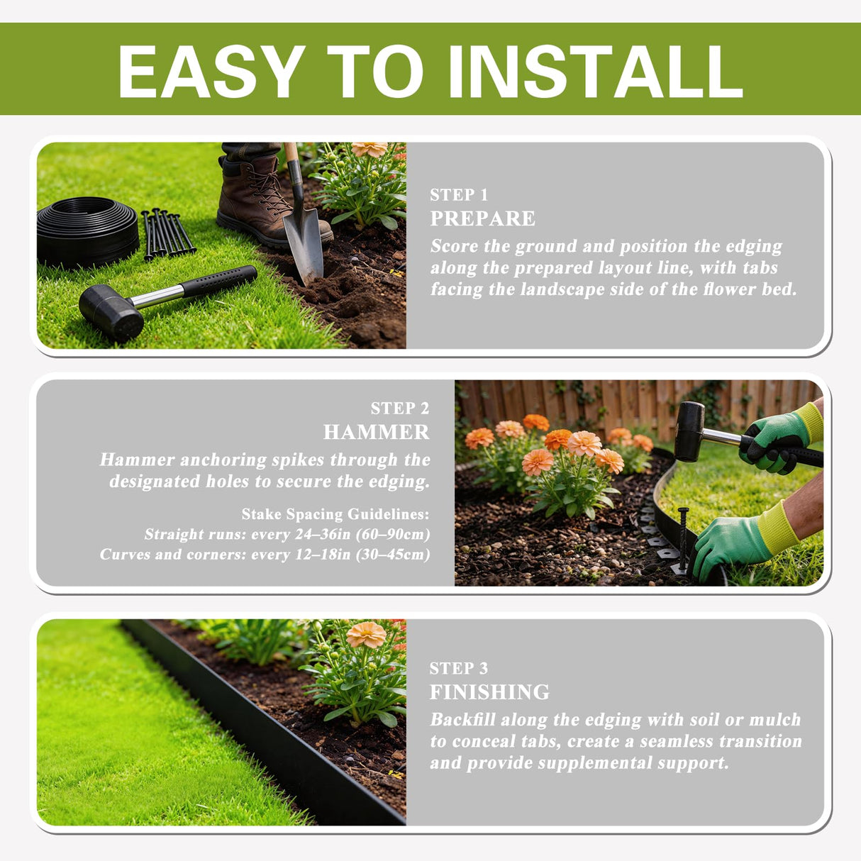4in x 50ft No Dig Landscape Edging, Garden Edging Border with 75 Spikes, Hammer & Gloves, Tool-Free HDPE Lawn Edging Kit for Garden Yard Flower Beds Pathway Landscaping Project