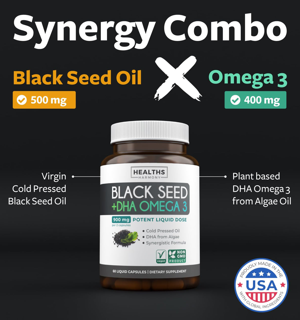 Cold-Pressed Black Seed Oil Capsules - Vegan Non-GMO Nigella Sativa Black Seed Oil Supplement with Omega 3 DHA for Full Body Wellness & Brain Support - Vegan Omega 3 & Thymoquinone-Rich (1 Month)