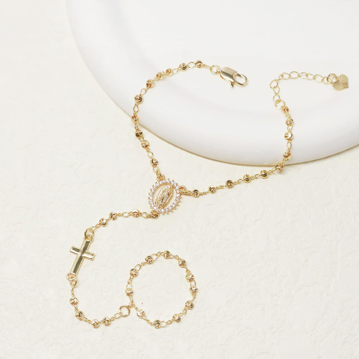 Gold Rosary Hand Chain Bracelet - 14K Gold Plated Virgin Mary Cross Ring Bracelets,Dainty Non Tarnish Golden Hand Chains Rosarios Catolicos Jewelry,Religious Rosary Beads Hand Bracelet Gift for Women