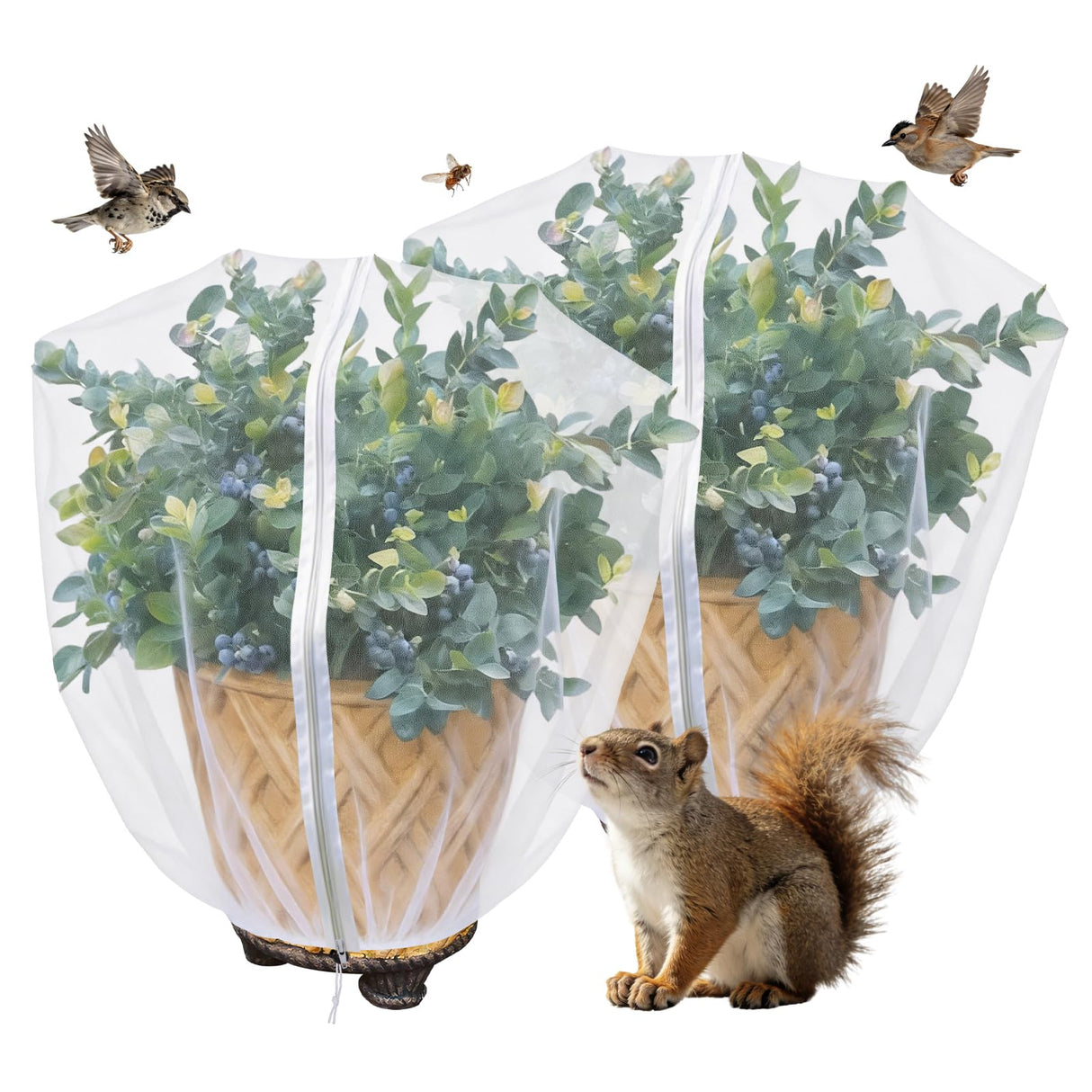 Blueberry Bush Netting Cover 2 Pack 4.5 x 4.5 ft, Bird Netting with Zipper & Drawstring, Reusable Berry Bush Netting for Blueberries & Garden Plants, Bird Deer Insect and Poultry Barrier