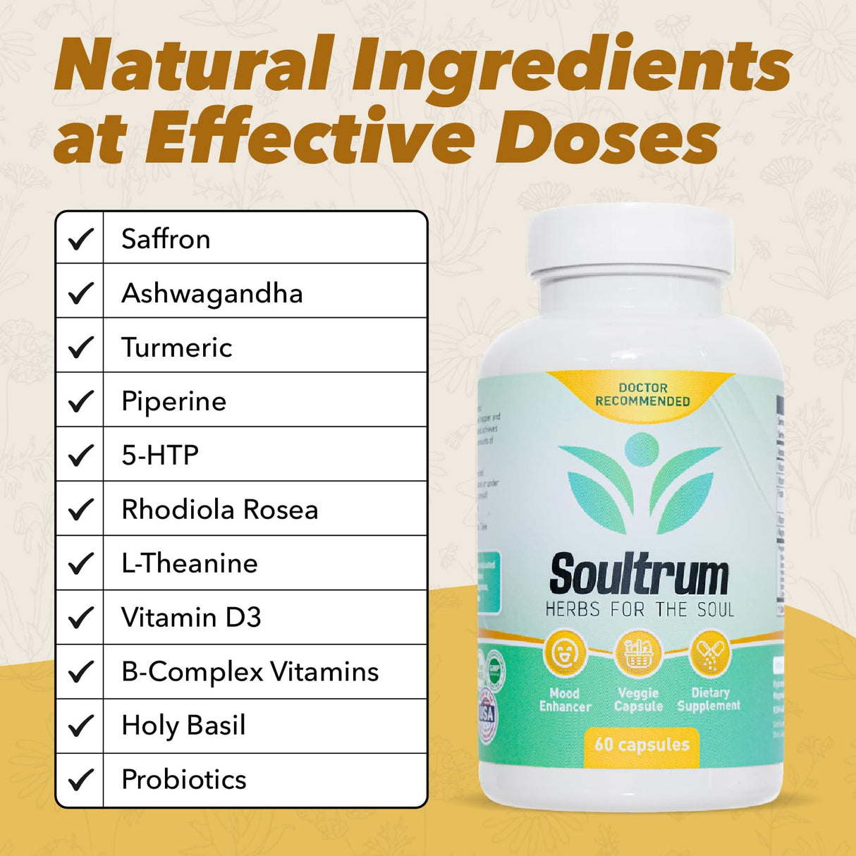 Mood Support Supplement - Daily Herbal Happiness, Energy and Focus Formula with Saffron, Omega 3 Fatty Acids, Turmeric, Rhodiola Rosea, Probiotics, L-Theanine, Magnesium and Ashwagandha - 60 Capsules