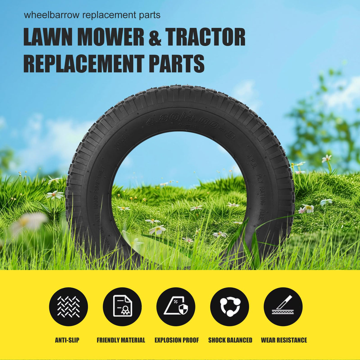 NING SHUO 4.80/4.00-8 Tire and Inner Tube, Premium Rubber Wheelbarrow Replacement Parts for Hand Truck Lawn Mower Dollies Wagon Dolly Trailers Go Kart 2 Pack
