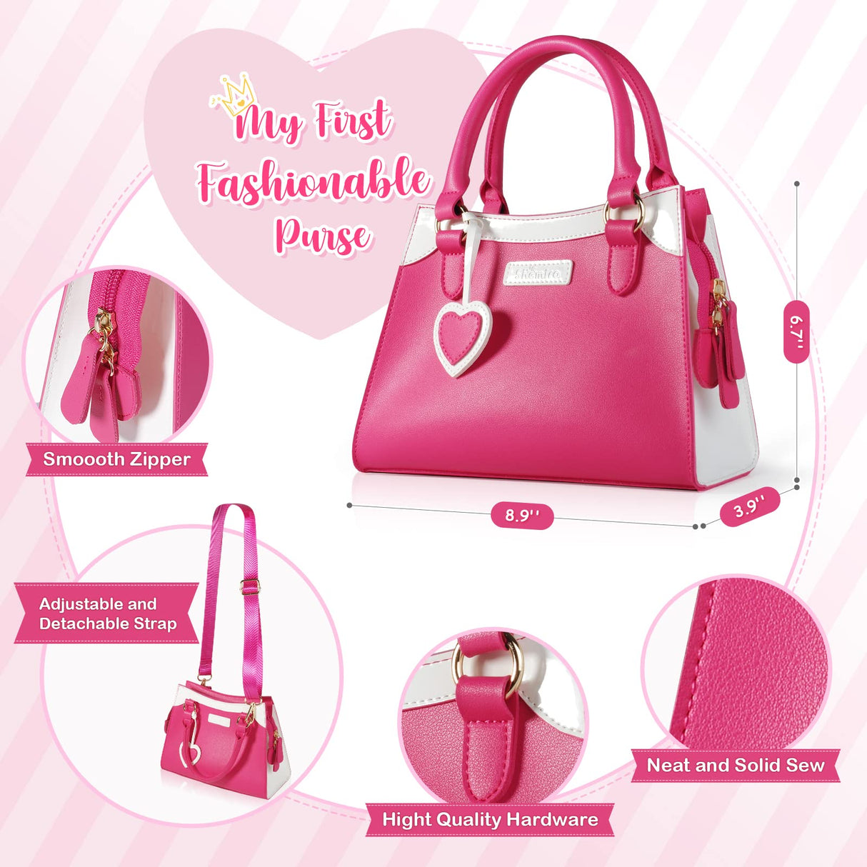 Shemira Play Purse for Little Girls, Princess Pretend Toys for Girls 3 4 5 6 7 8 Years Old, Christmas & Birthday Gift for Kids Age 3-5 4-6 6-8, Toddler Purse with Accessories, Kids Toy Purse,Pink