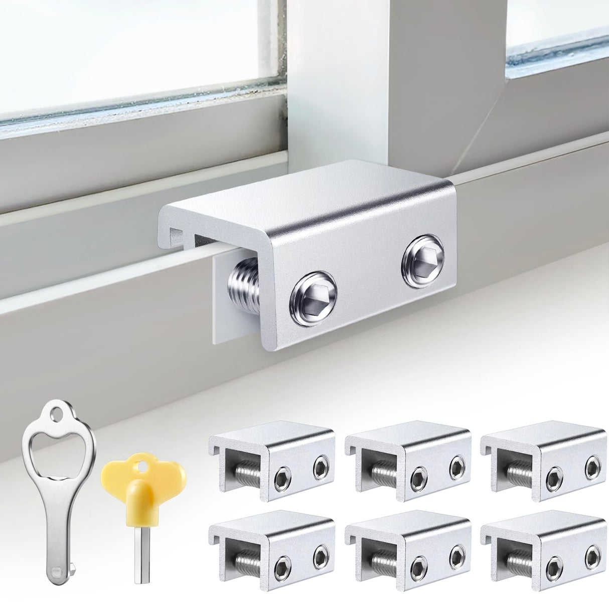 Sliding Window Locks (6 Sets), Security Window Locks with Keys, Adjustable Aluminum Sliding Window Stops, Easy Installation Without Drilling, for Vertical and Horizontal Sliding Windows (Silver)