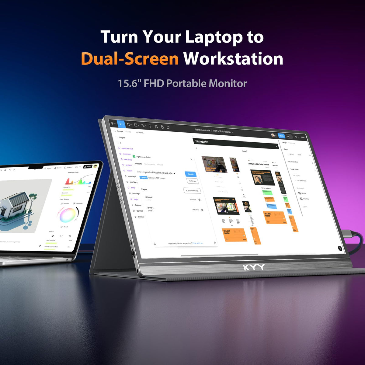 KYY Portable Monitor 15.6" 1080P Computer Monitor Screen Extender w/Cover