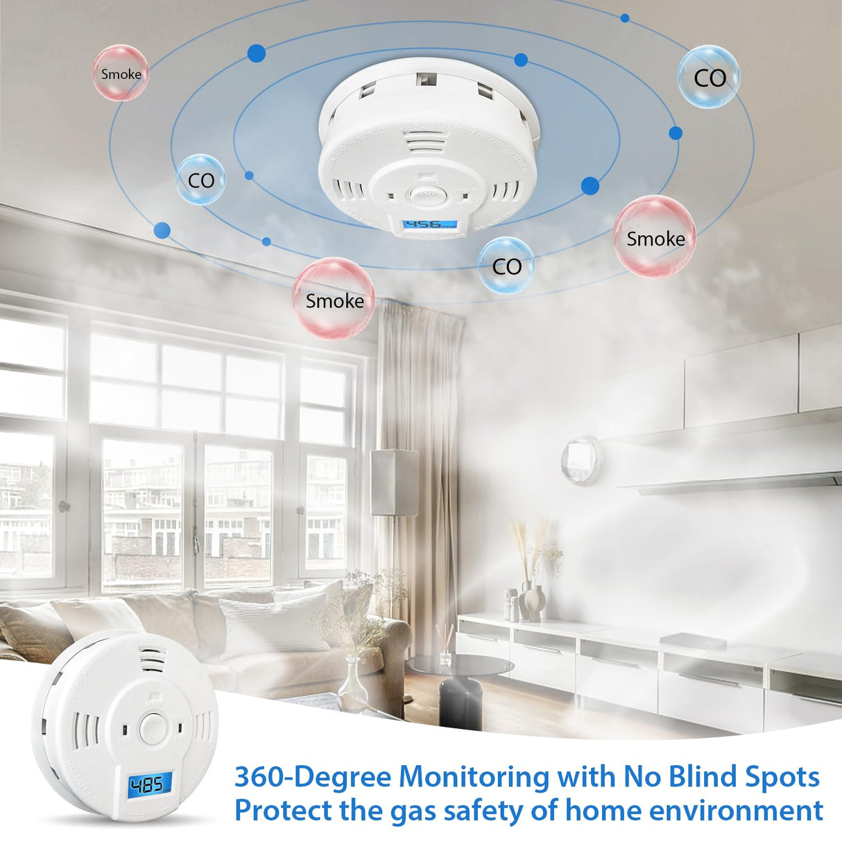 Shackcom Combination Smoke and Carbon Monoxide Detector, 5-Year Battery Smoke Alarm with LCD Display for Home, 2 Pack, White