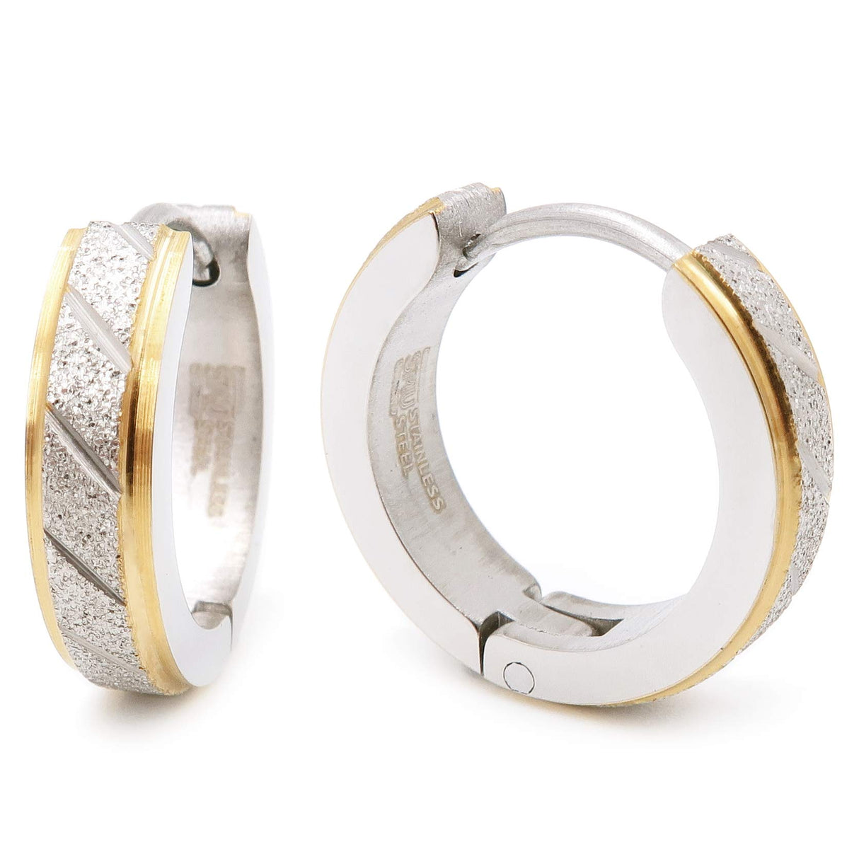 Stainless Steel Mens Hoop Earrings Stripe Gold-tone Color Bevel Edge 16mm