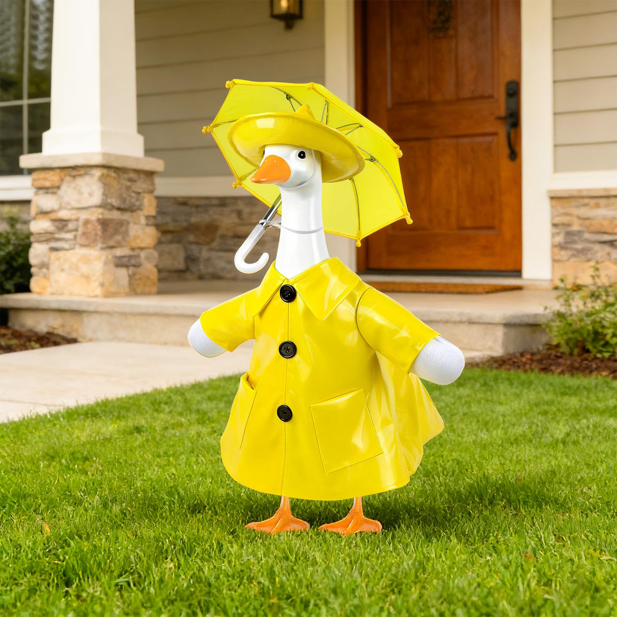 PaLuQiYa 3 Pcs/Set Raincoat Porch Goose Outfits, Summer Lawn Goose Statue Raincoat Costume, Yard Goose Clothes Raincoats Umbrella Hat Outfit for 23" Statue Patio Garden Decoration Yellow