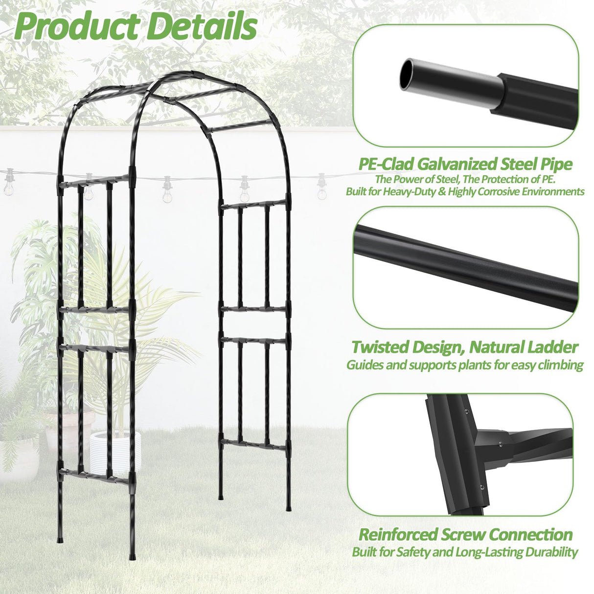 Trellume Thickened Metal Garden Arch-59(L)*94.5"(H),Garden Trellis for Climbing Plants Outdoor, Heavy Duty Rust-Proof Iron Arbor Archway for Backyard, Patio, Lawn and Wedding Decorations(20MM Pipe)