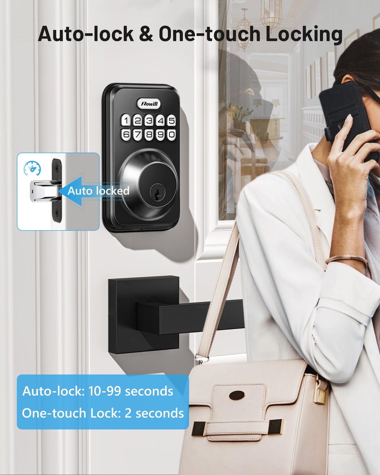 Zowill Keyless Entry Door Lock with 2 Lever Handles, Electronic Keypad Deadbolt, Auto-Locking, Anti-Peeping Password, Digital Code Door Lock, Front Door Handle Sets, OilRubbed Bronze
