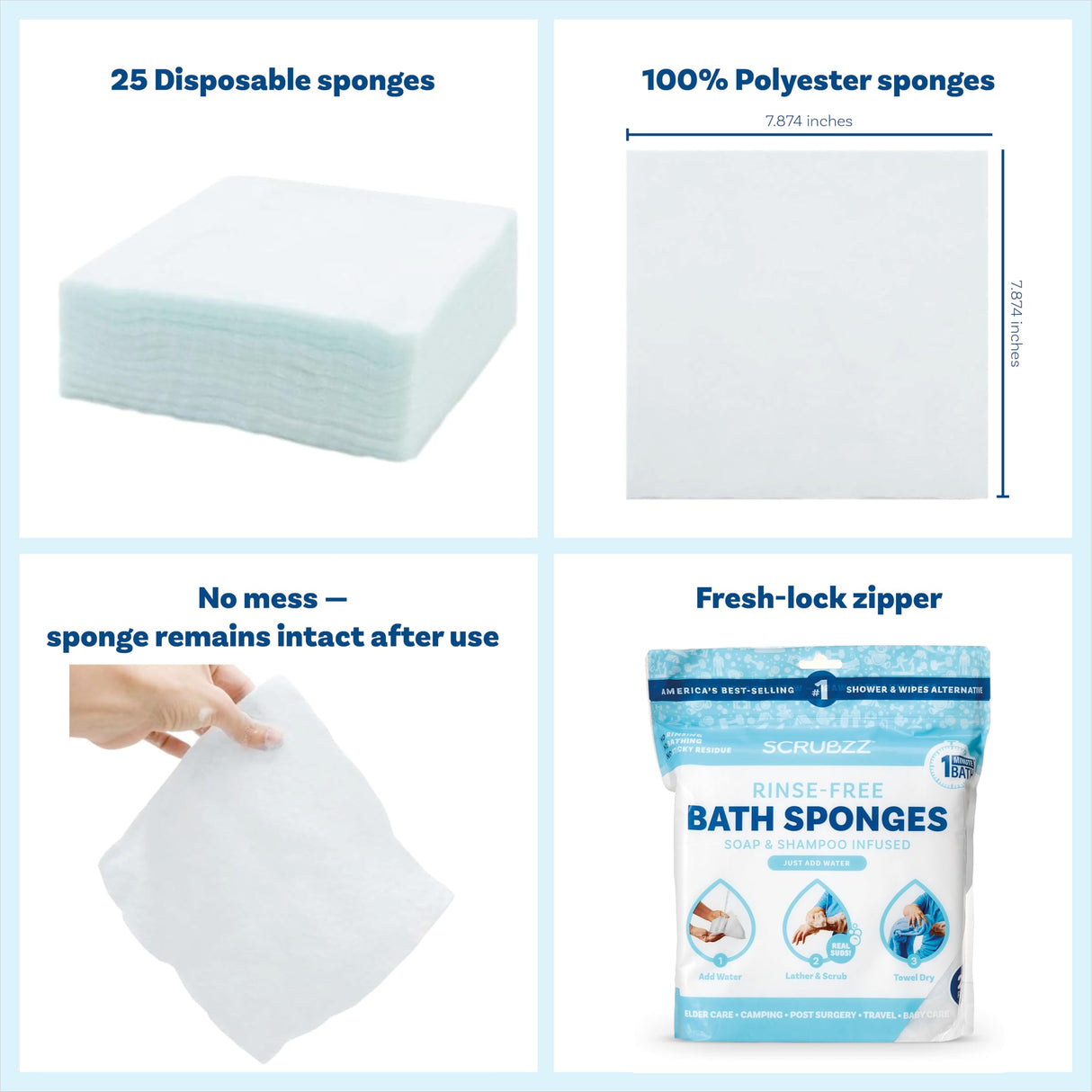 Scrubzz Disposable No Rinse Bathing Wipes - All-in-1 Single Use Shower Wipes, Simply Dampen, Lather, and Dry Without Shampoo or Rinsing (Unscented, 4-Pack)