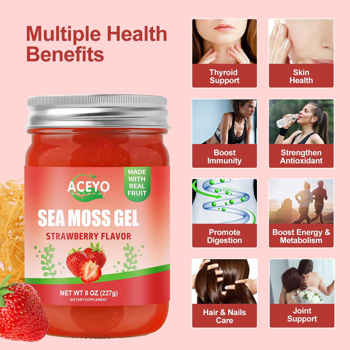 (8 OZ) Natural Sea Moss Gel Raw Strawberry Flavor Irish Seamoss Gel Vegan Women Men 102 Vitamins and Minerals Wild Harvested Non-GMO Immune Defense Booster Lung Thyroid Digestive Support