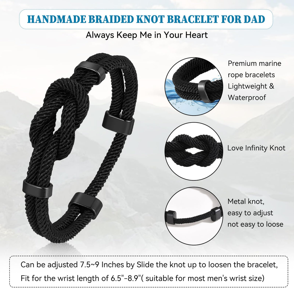 TempBeau Love Knot Bracelet for Men - Father's Day Bracelets for Dad from Daughter Son Meaningful Adjustable Infinity Knot Braided Rope String Bracelet Birthday Anniversary Jewelry Gifts for Him