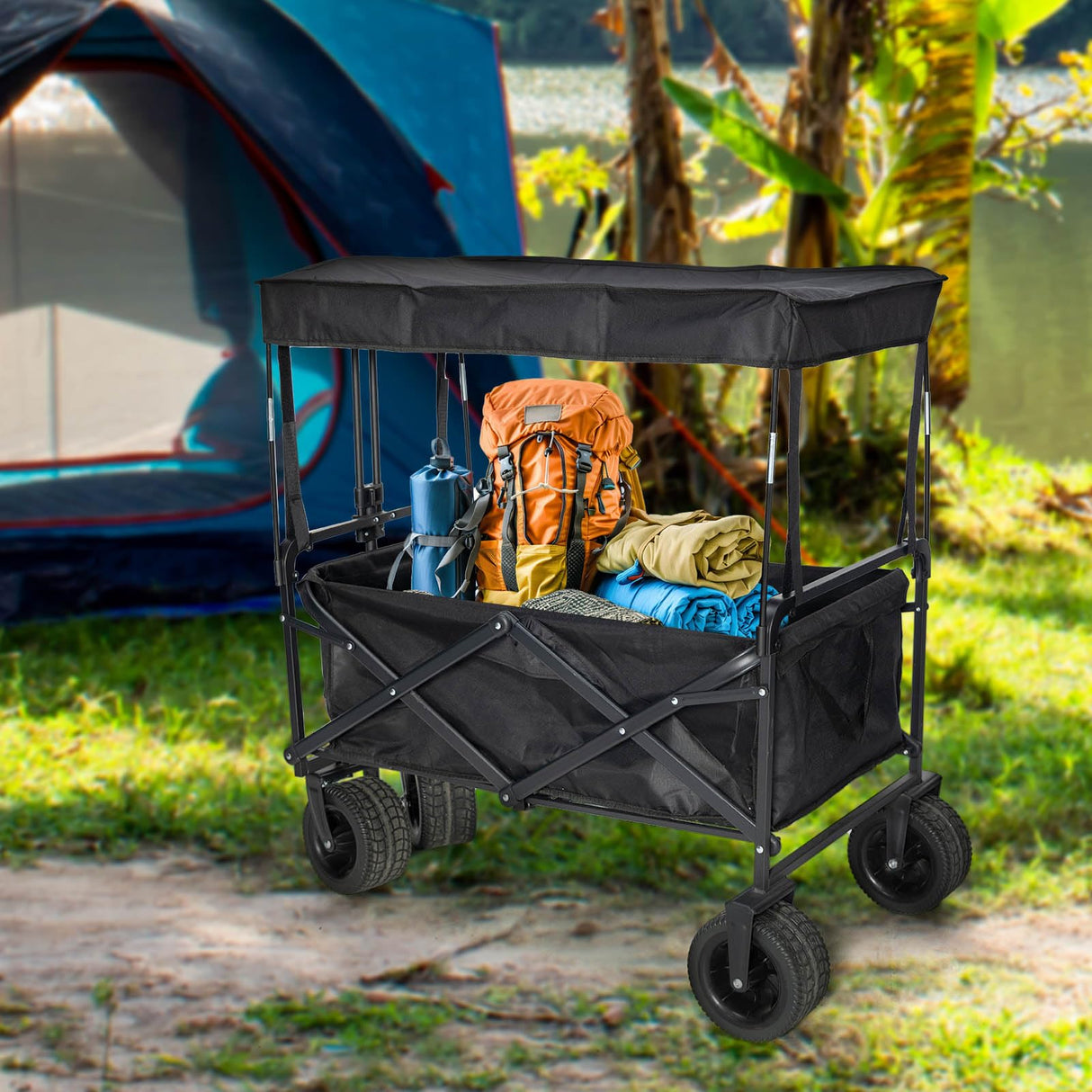 Black Removable Wagon Canopy Attachment with Rods, Foldable Sun Shade Cover