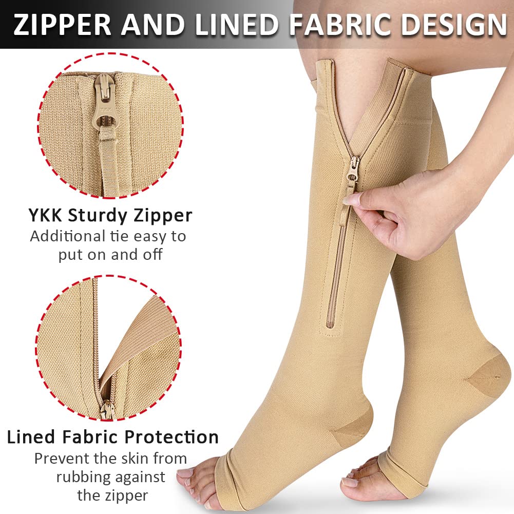 Ailaka Medical Compression Socks with Zipper, Knee High 15-20 mmHg Compression Socks for Women Men, Open Toe Support Socks for Varicose Veins, Edema, Recovery, Pregnant, Nurse