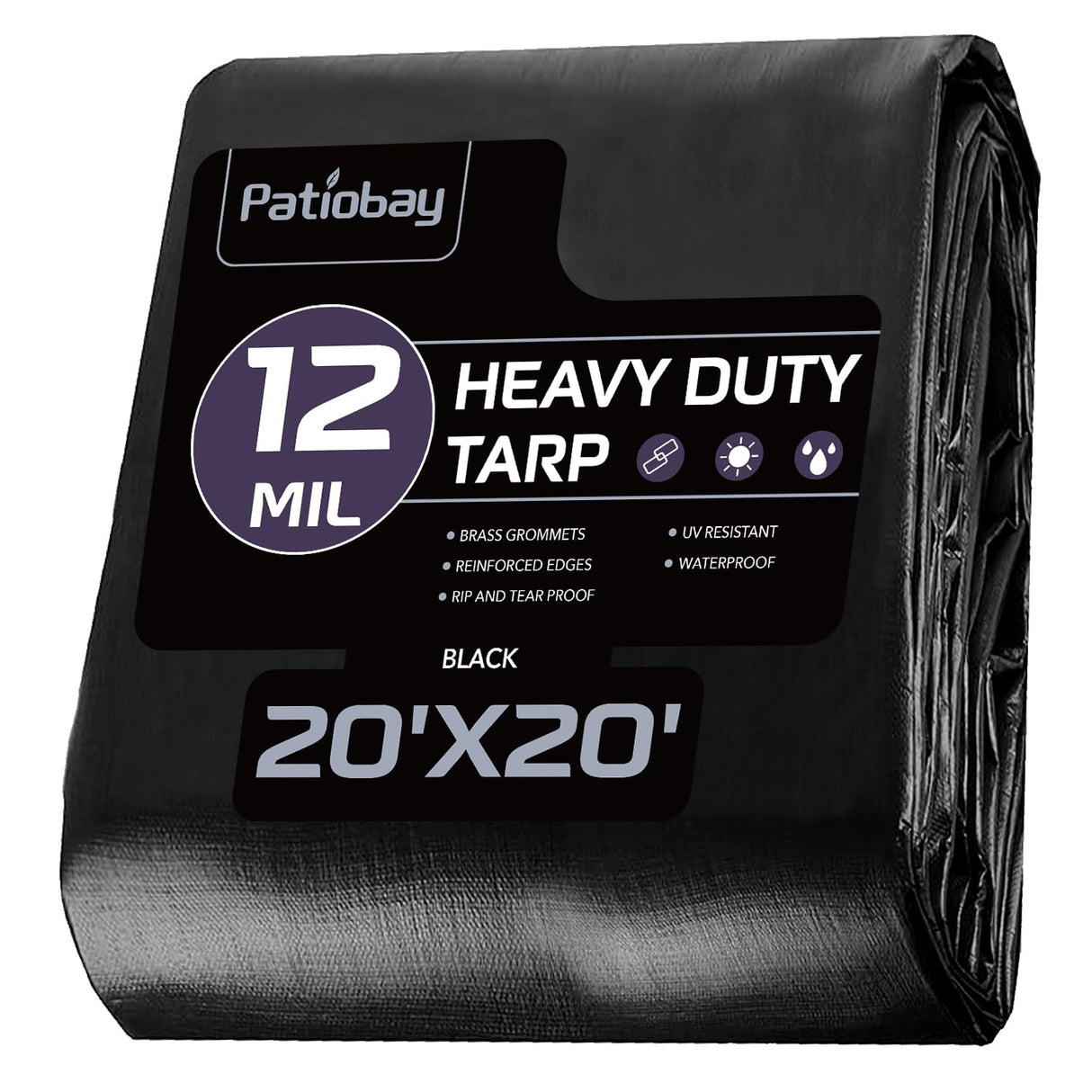 Patiobay Tarp 20x20FT, 12 Mil, Heavy Duty Waterproof Tarps with Grommets Every 23.6", 420D Thick Plastic Tarp, UV Resistant, Tear & Fade Resistant, Reinforced Edges for Outdoor Pool, Camp, Tent