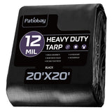 Patiobay Tarp 20x20FT, 12 Mil, Heavy Duty Waterproof Tarps with Grommets Every 23.6", 420D Thick Plastic Tarp, UV Resistant, Tear & Fade Resistant, Reinforced Edges for Outdoor Pool, Camp, Tent