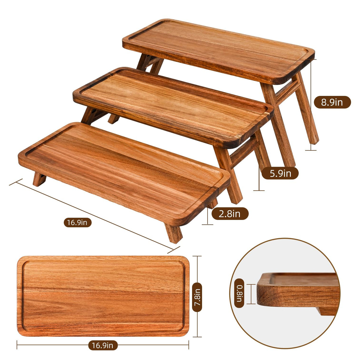GEHE 3 Tier Serving Tray Acacia Wooden Tiered Tray Stand Foldable Dessert Table Display Set Decor Charcuterie Boards for Party, Birthday, Wedding, Christmas