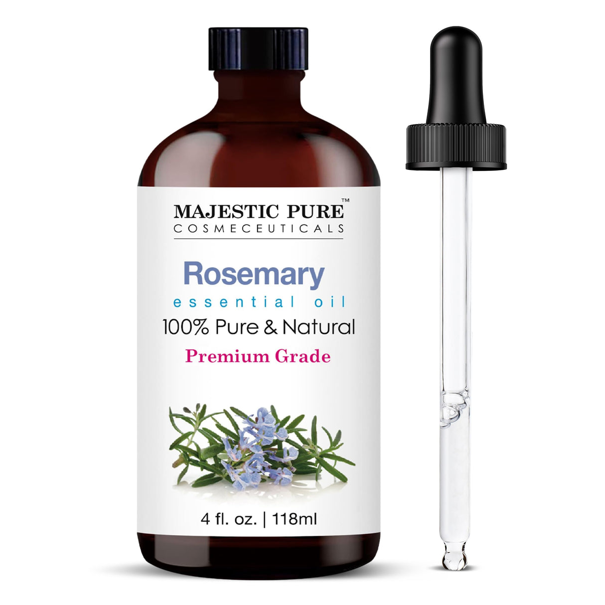 Majestic Pure Rosemary Essential Oil with Glass Dropper | 100% Pure and Natural Rosemary Oil | Premium Grade Essential Oils for Diffusers, Skin, Aromatherapy, Massage | 4 Fl Oz