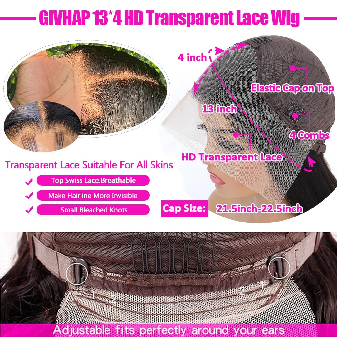 GIVHAP 28 Inch Straight Lace Front Wigs Human Hair Pre-Plucked 180% Density Glueless 13x4 HD Lace Frontal Wigs Human Hair Natural Hairline Brazilian Virgin Hair for Black Women with Baby Hair
