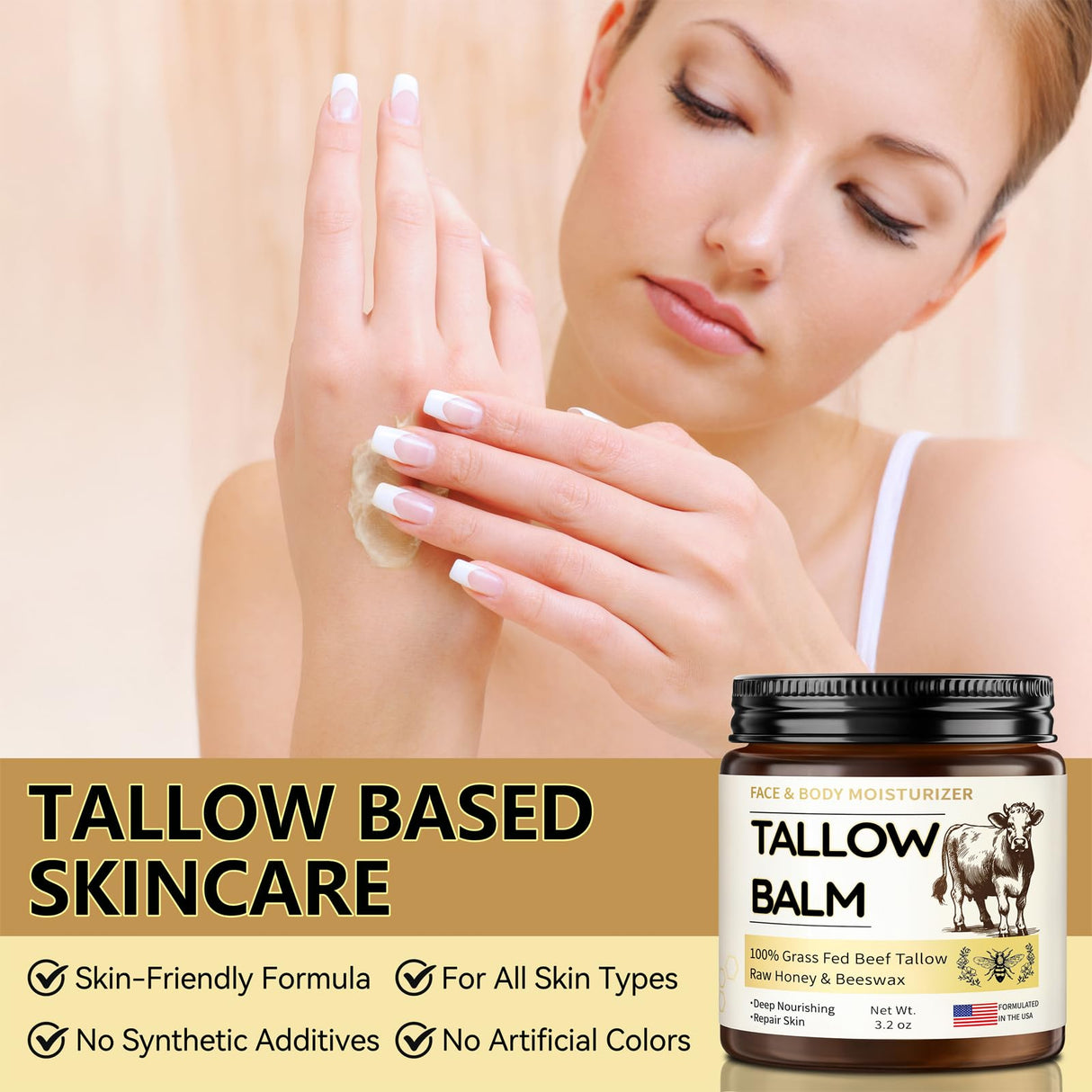Veakoo Beef Tallow for Skin, Organic Whipped Tallow and Honey Balm, Grass Fed Beef Tallow Face Moisturizer, Natural Tallow Skin Care Cream Body Butter, Nourish and Soothe Dry Skin