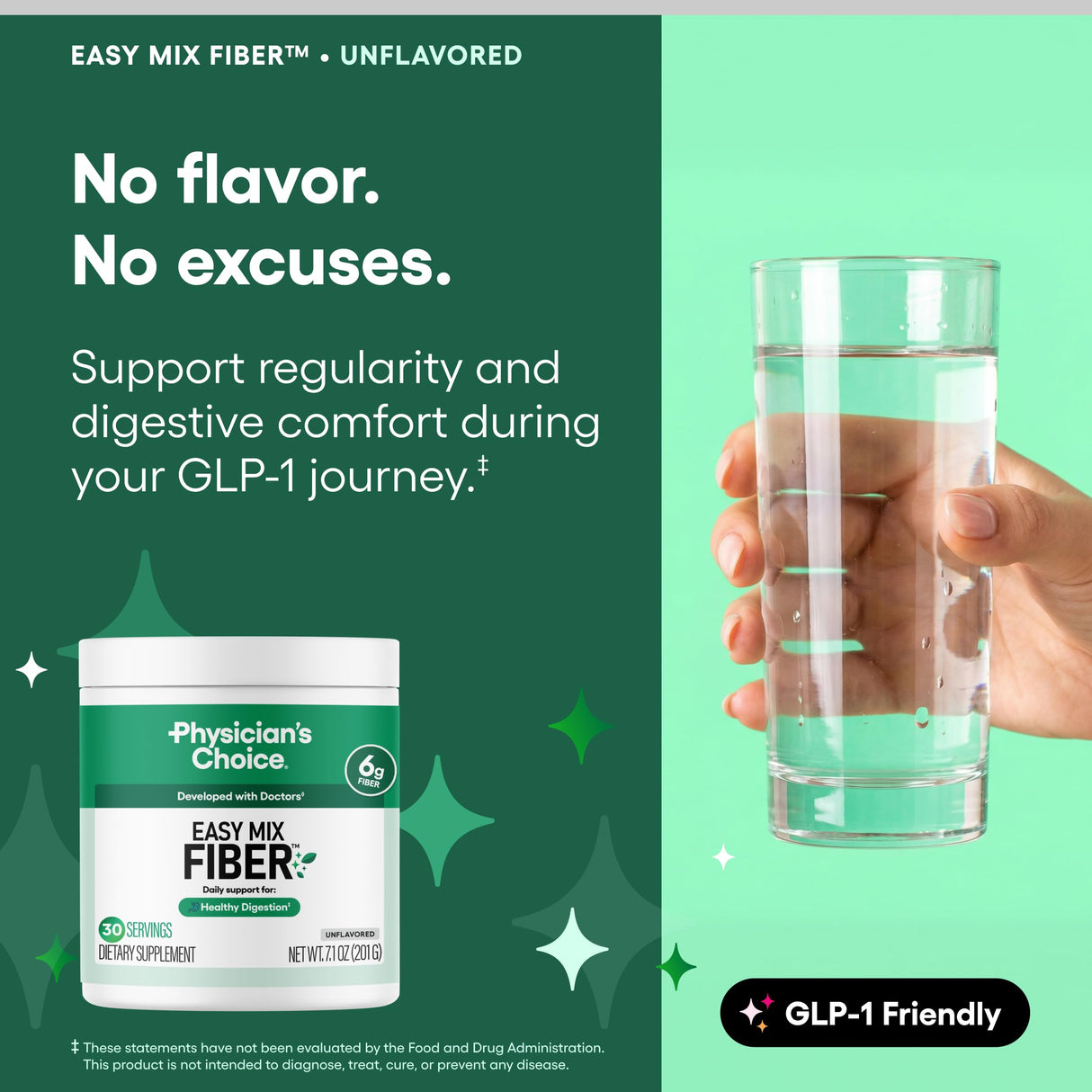 Physician's CHOICE Easy Mix Fiber for Digestive Health & Regularity - No Grit, Sugar Free, & Tasteless - Daily Prebiotic Soluble Fiber Powder Supplement for Women and Men - Unflavored - 7.1oz