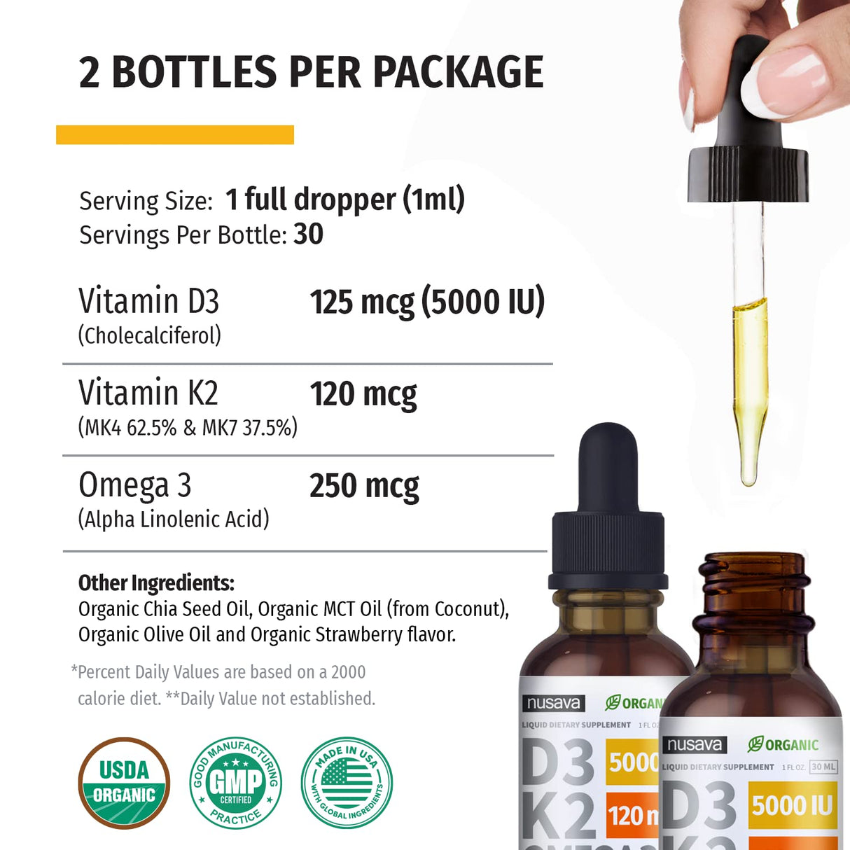 (4 Pack) Organic Vitamin D3 K2 Drops with MCT Oil Omega 3, 5000 IU - Maximum Strength Vitamin D Liquid, No Fillers, Non-GMO Liquid D3 for Faster Absorption and Immune Support (Strawberry, 4 Fl Oz)