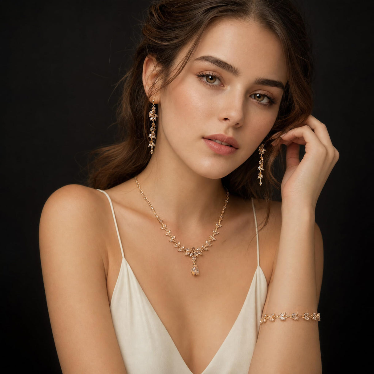 Paxuan Wedding Jewelry Sets for Bride Bridesmaid Bridal Jewelry Set for Women Wedding Crystal Necklace Earrings Bracelet Set for Party Prom Jewelry (Champagne - 14K Gold)