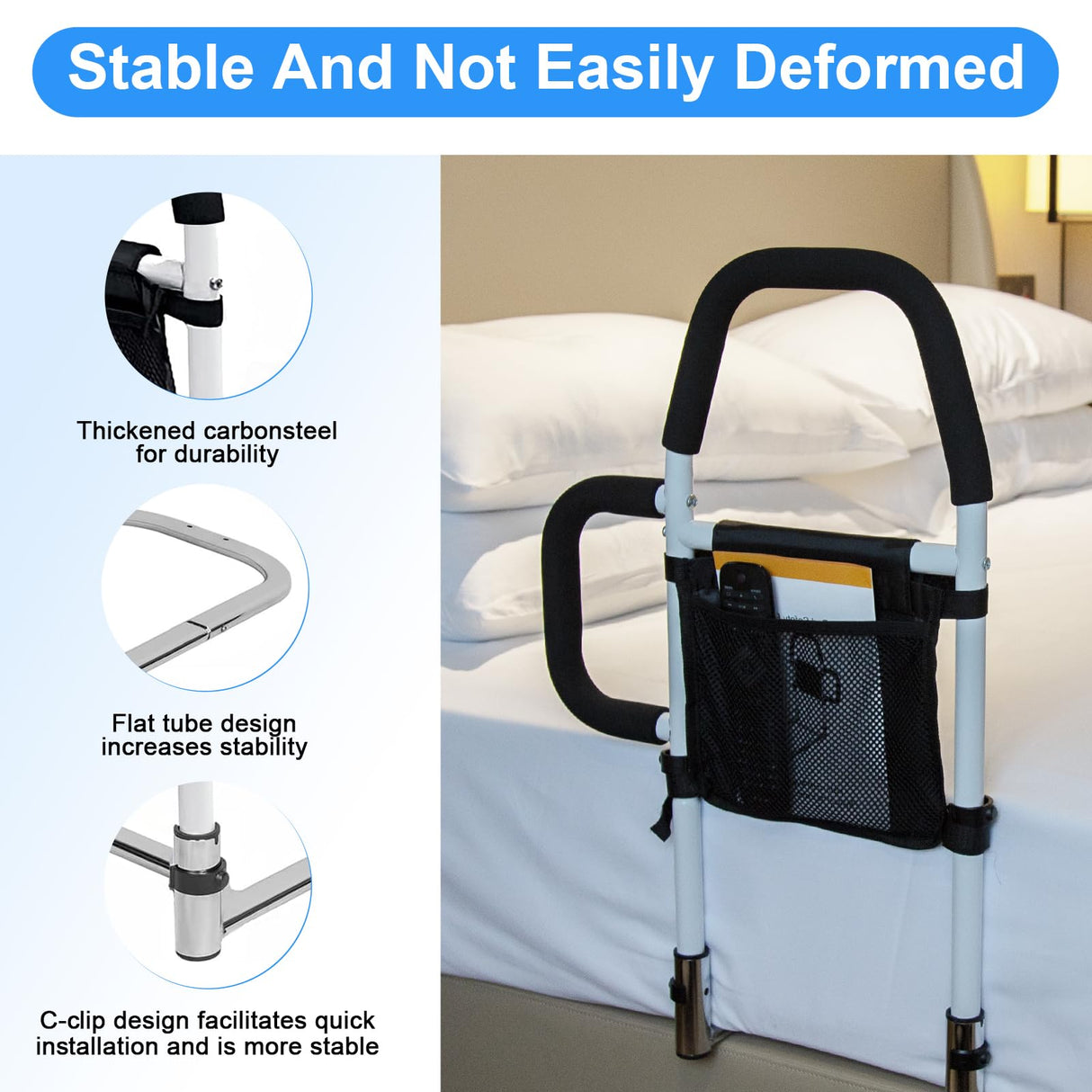 Bed Rails for Elderly Adults Safety-Bed Assist Rail with Double Grab Bars & Fall Prevention Guard & Storage Pocket Fits King, Queen, Full, Twin, Support Up to 300lbs,Height 25.6'' (Double Grab Bars)