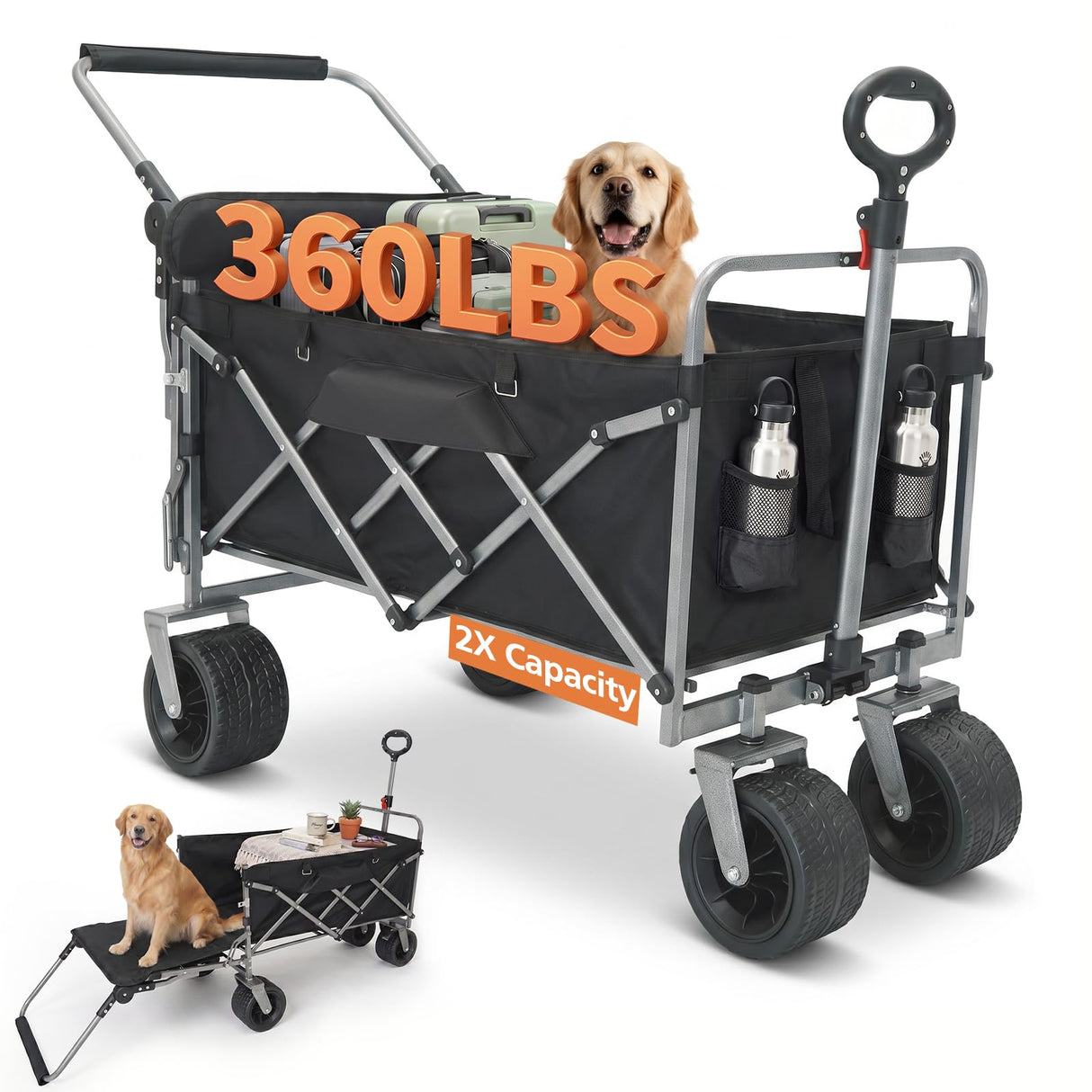 Collapsible Push & Pull Wagon with Drop Down Tailgate, 360lbs Heavy Duty Folding Shopping Cart with Big Wheels & Brakes for Sports, Groceries, Camping