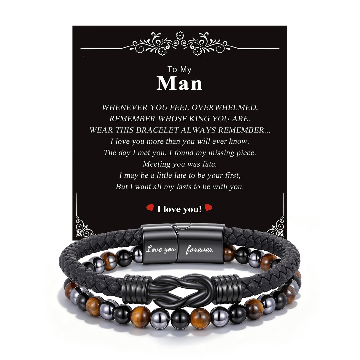 Crystal Infinity Cuff Bracelet Gifts for Men Him-Triple Protection Hematite Black Obsidian Tiger Eye Gemstone Beaded Leather Cuff Bracelets Lettering Love You Forever Healing Gifts for Husband Father's Day