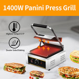 HTTSICHI Commercial Panini Press - 1800W Commercial Electric Panini Sandwich Grill w/Nonstick Coating & Adjustable Temp, Panini Grill Press w/ 9" x 9" Cooking Pan, Double-sided Heating
